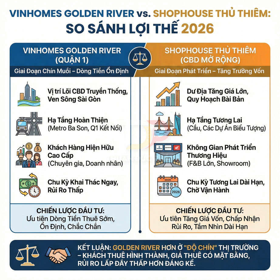 Infographic so sánh lợi thế đầu tư Vinhomes Golden River Quận 1 và Shophouse Thủ Thiêm đến năm 2026