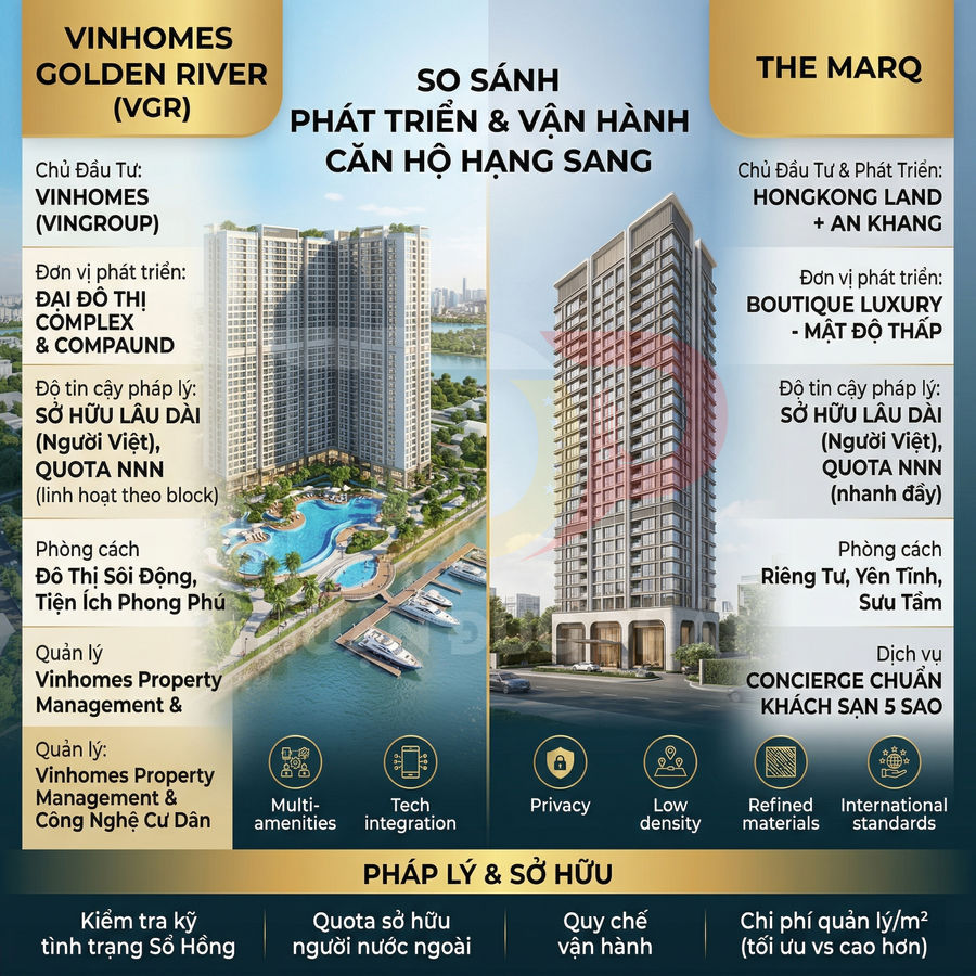 So sánh căn hộ cao cấp Vinhomes Golden River và The Marq với hình ảnh tòa nhà và tiện ích dự án