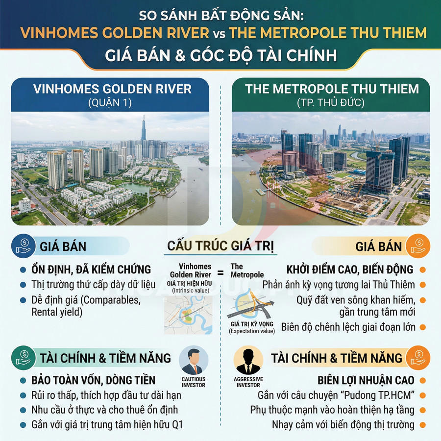 So sánh bất động sản Vinhomes Golden River và The Metropole Thủ Thiêm về giá bán và tiềm năng tài chính