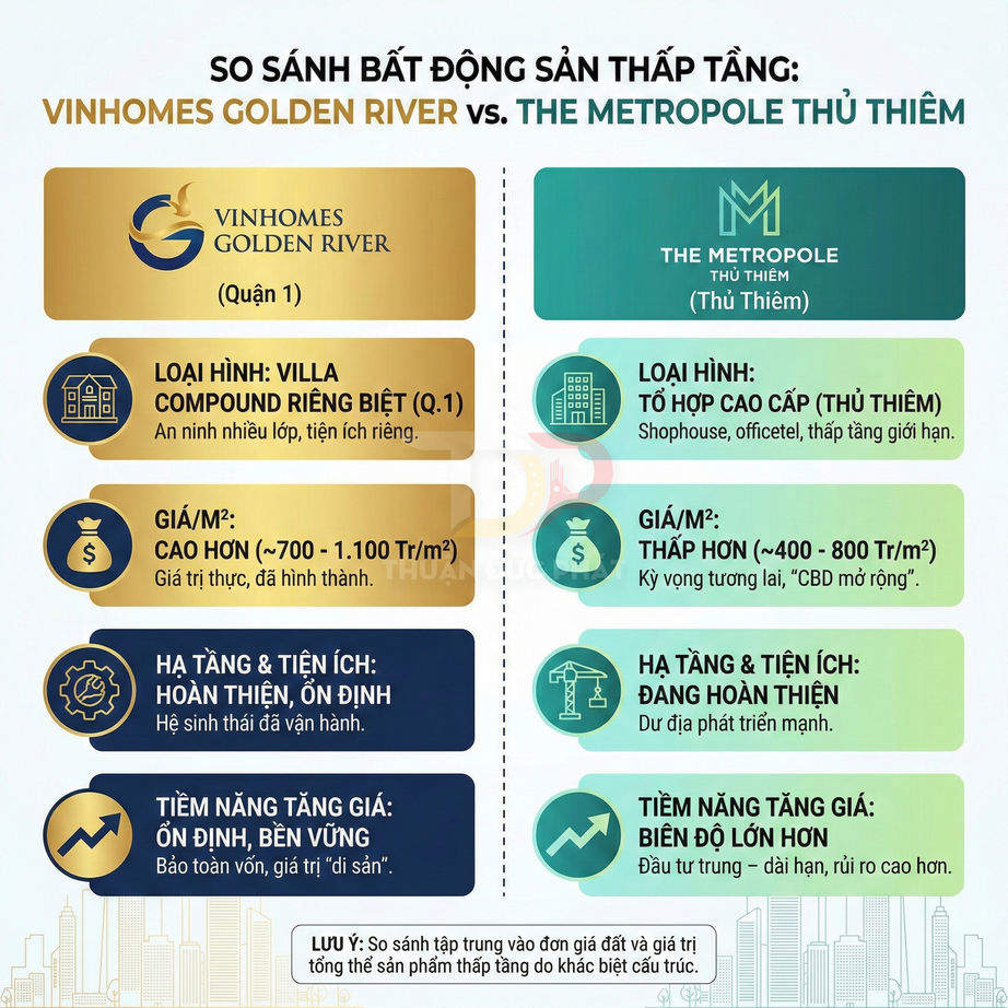 Infographic so sánh bất động sản thấp tầng Vinhomes Golden River và The Metropole Thủ Thiêm về giá, tiện ích, tiềm năng tăng giá