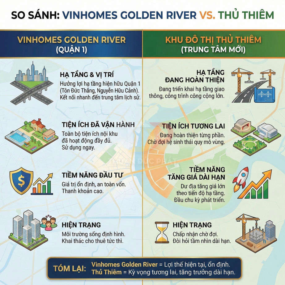 So sánh ưu nhược điểm dự án Vinhomes Golden River Quận 1 và khu đô thị Thủ Thiêm trung tâm mới