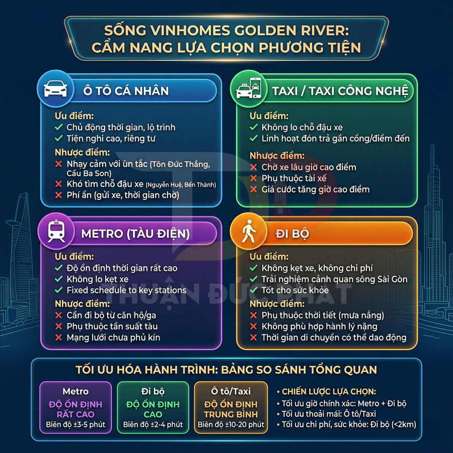 Infographic so sánh ưu nhược điểm ô tô, taxi, metro và đi bộ cho cư dân Vinhomes Golden River