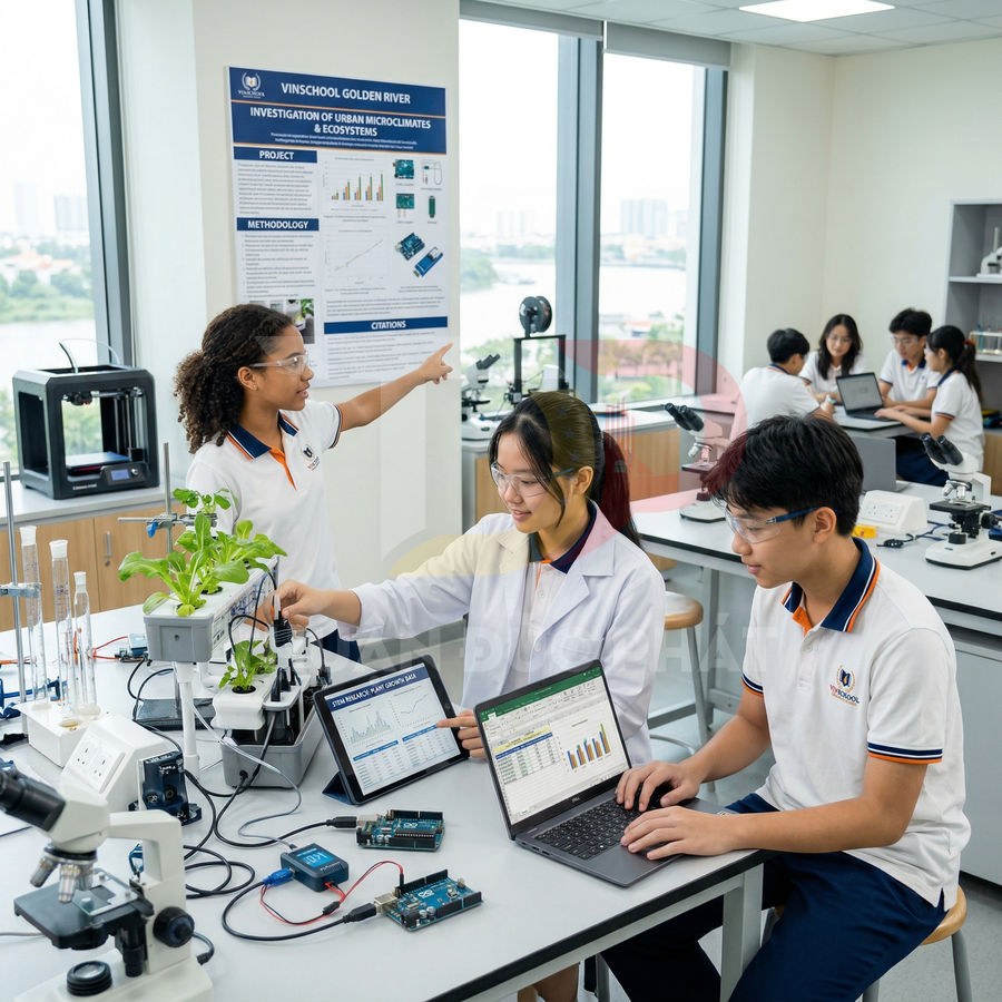 Học sinh trung học làm thí nghiệm khoa học với laptop, cảm biến và cây trồng trong phòng thí nghiệm hiện đại