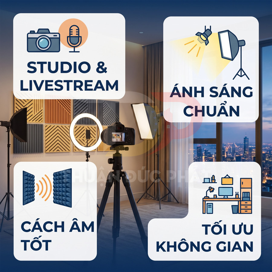 Phòng quay livestream với máy ảnh trên tripod, đèn ring, đèn softbox, tường cách âm và không gian làm việc tối ưu