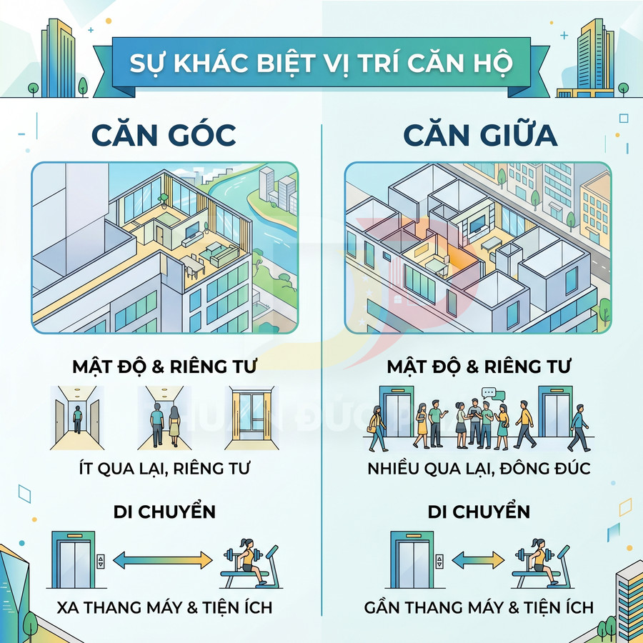 So sánh ưu nhược điểm căn hộ góc và căn hộ giữa về mật độ, riêng tư và khoảng cách tới thang máy, tiện ích