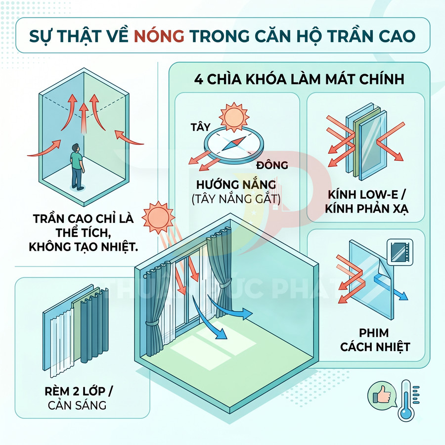 Infographic giải thích cách làm mát căn hộ trần cao với rèm 2 lớp, kính Low E và phim cách nhiệt chống nắng