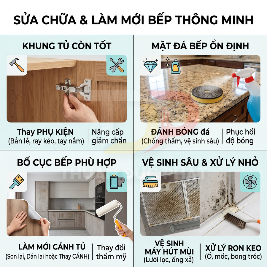 Hướng dẫn sửa chữa và làm mới bếp thông minh với thay phụ kiện tủ, đánh bóng mặt đá, làm mới cánh tủ, vệ sinh bếp