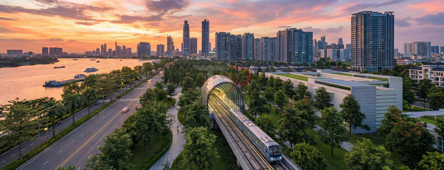 Tuyến metro trên cao chạy qua khu đô thị hiện đại ven sông lúc hoàng hôn