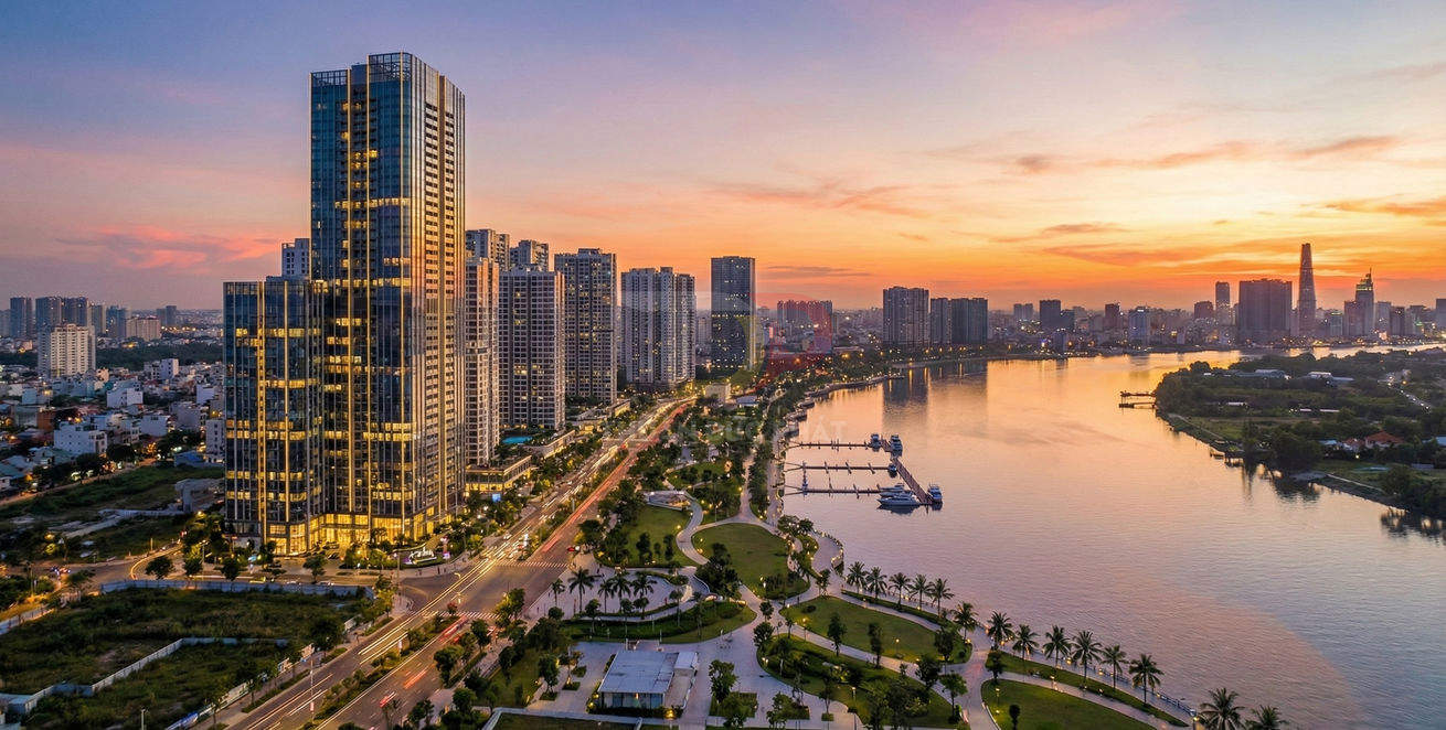 Tòa nhà chung cư cao tầng ven sông với công viên và bến du thuyền lúc hoàng hôn