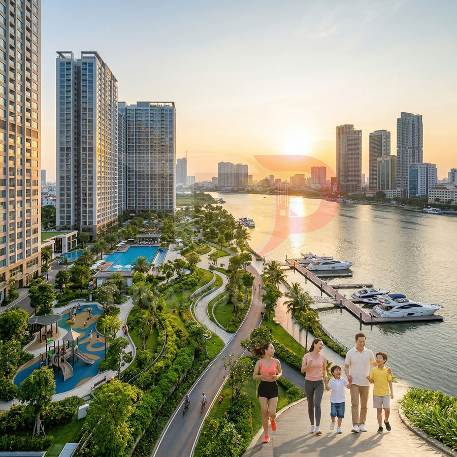 Khu căn hộ cao cấp ven sông với hồ bơi, bến du thuyền và gia đình dạo bộ trên đường nội khu xanh mát