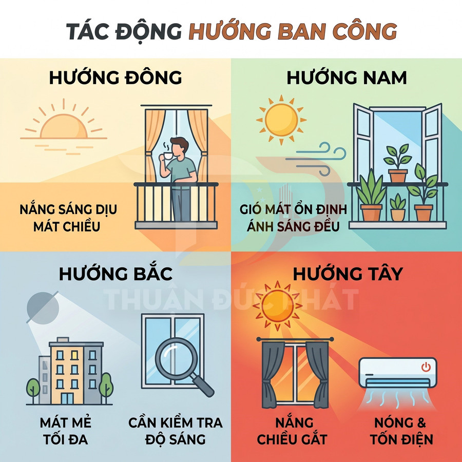 Ảnh minh họa tác động các hướng ban công Đông Tây Nam Bắc đến nắng gió và nhiệt độ trong căn hộ