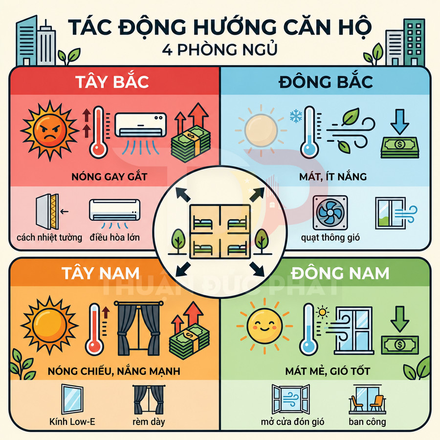 Infographic tác động hướng căn hộ 4 phòng ngủ Tây Bắc Đông Bắc Tây Nam Đông Nam và giải pháp chống nóng mát