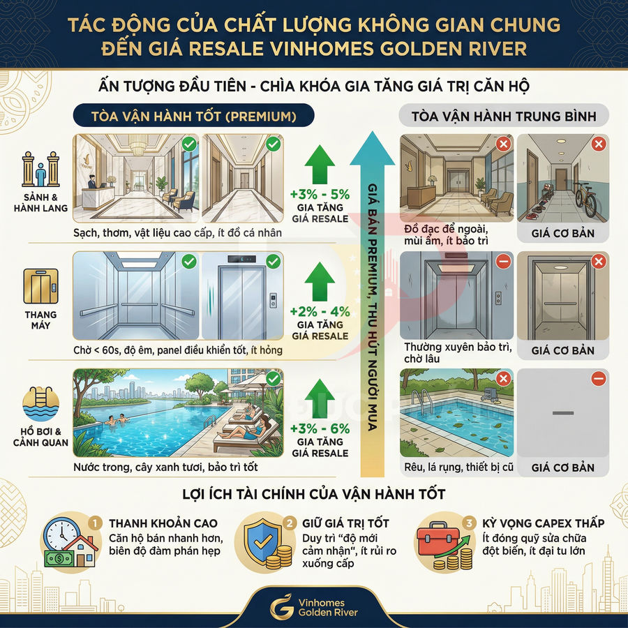 Infographic Vinhomes Golden River về tác động chất lượng không gian chung đến giá resale căn hộ