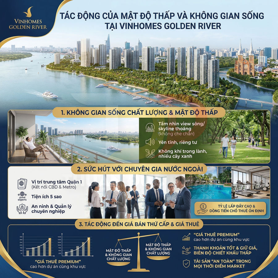 Infographic giới thiệu tác động của mật độ thấp và không gian sống tại dự án Vinhomes Golden River