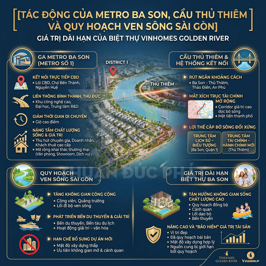 Infographic tác động metro Ba Son, cầu Thủ Thiêm đến giá trị biệt thự Vinhomes Golden River ven sông Sài Gòn