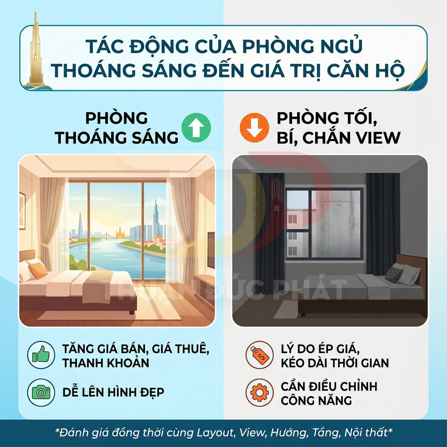So sánh phòng ngủ căn hộ thoáng sáng view sông với phòng tối bí chắn view và tác động đến giá trị căn hộ