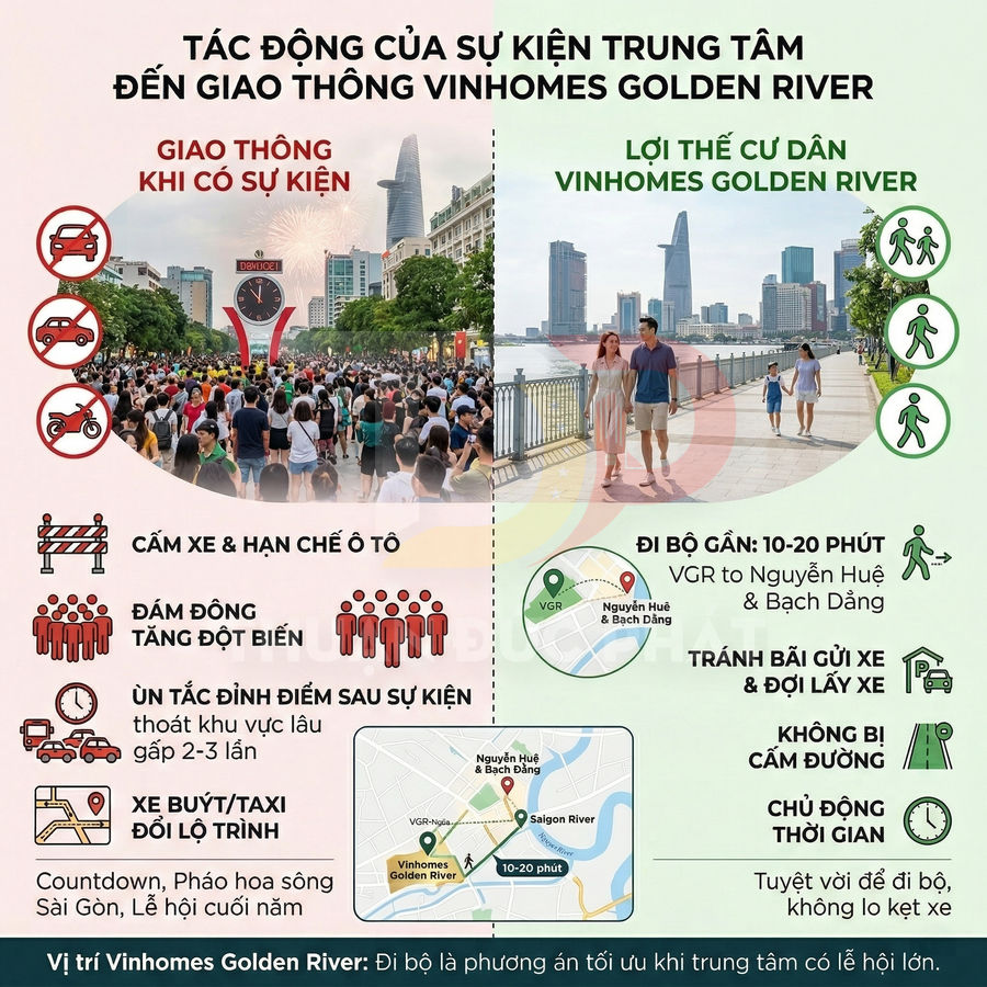 Infographic tác động sự kiện trung tâm đến giao thông và lợi thế đi bộ của cư dân Vinhomes Golden River