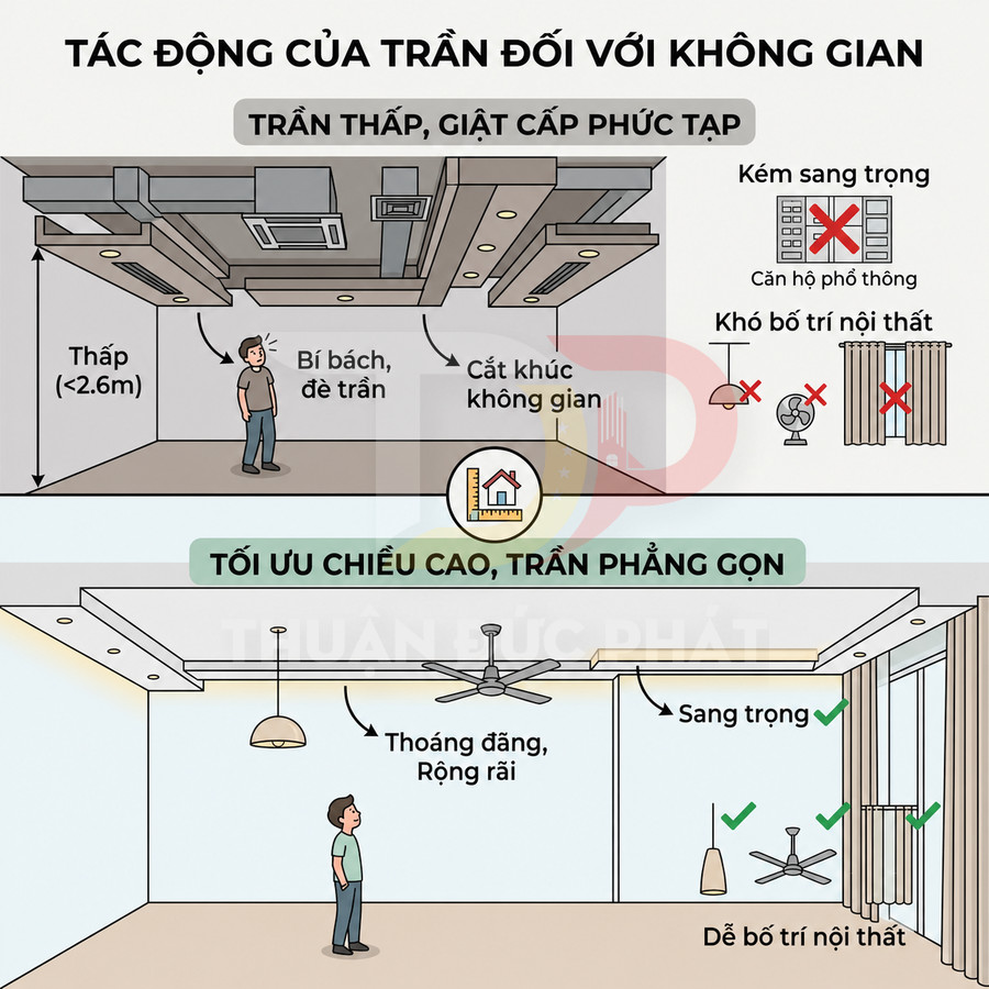 So sánh trần nhà giật cấp phức tạp và trần phẳng tối ưu chiều cao trong thiết kế nội thất căn hộ