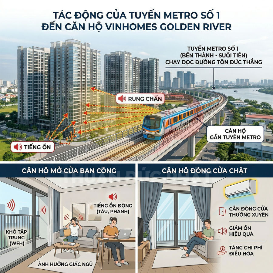 Ảnh minh họa tác động tiếng ồn và rung chấn tuyến metro số 1 đến căn hộ Vinhomes Golden River