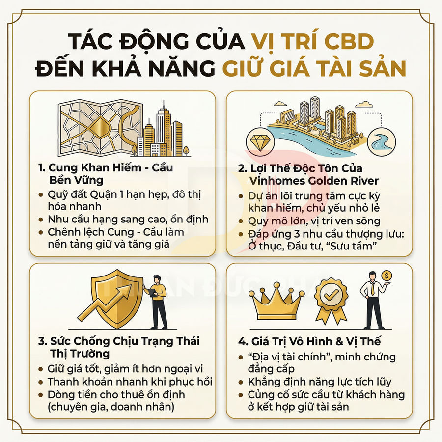 Infographic tác động vị trí CBD đến khả năng giữ giá tài sản, nhấn mạnh dự án Vinhomes Golden River và các lợi thế đầu tư