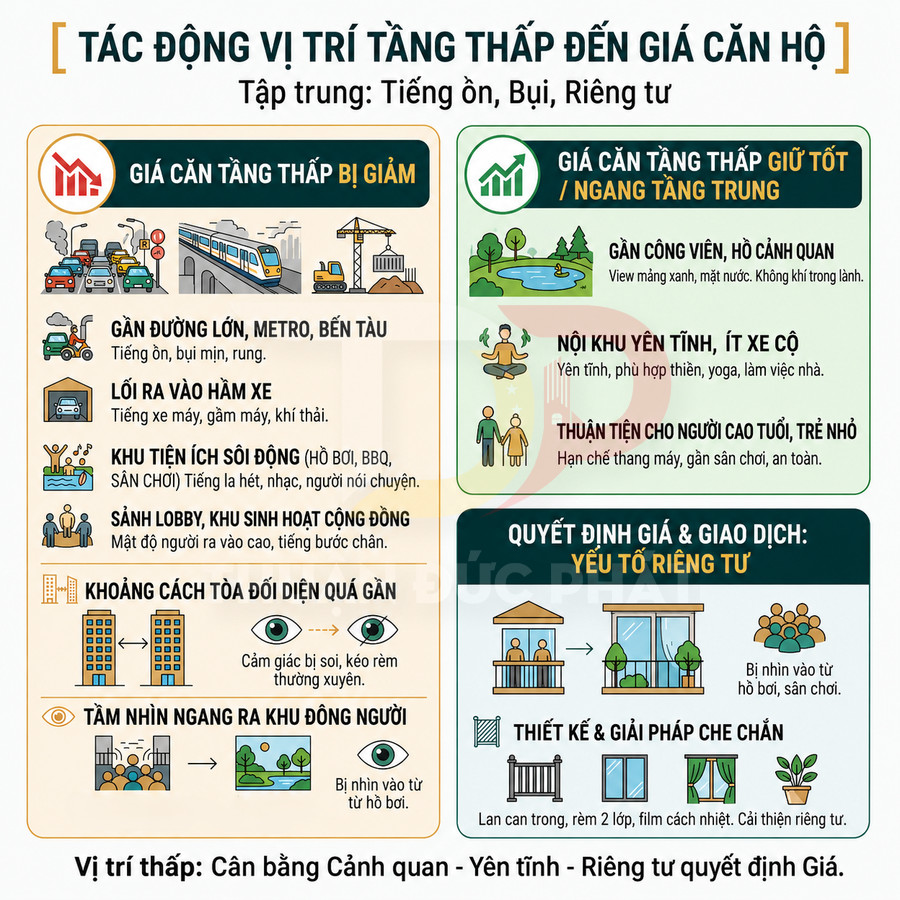 Infographic tác động vị trí tầng thấp đến giá căn hộ, so sánh tiếng ồn, bụi và yếu tố riêng tư