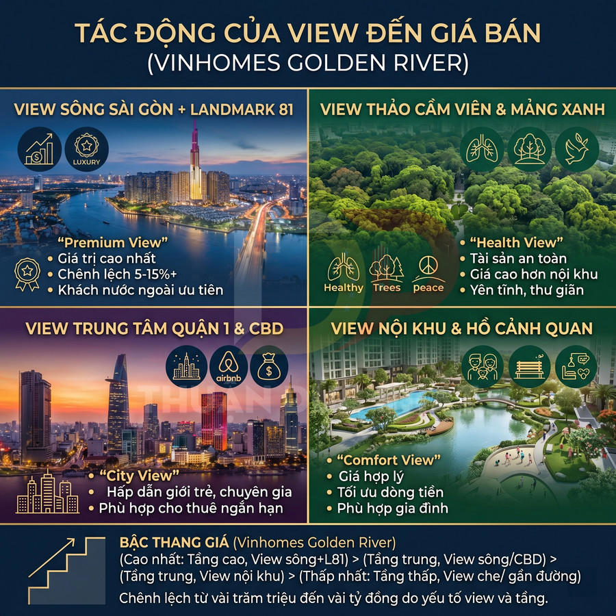 Infographic tác động của view đến giá bán căn hộ Vinhomes Golden River với các loại view và ưu điểm