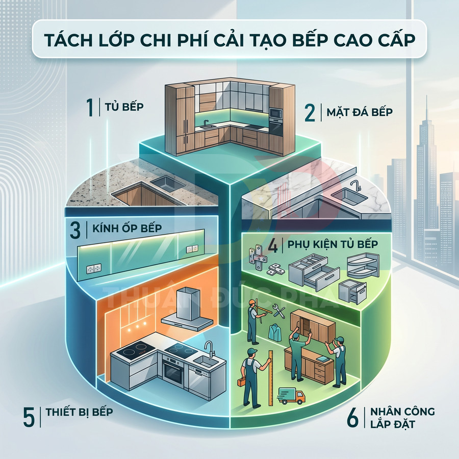 Biểu đồ chi phí cải tạo bếp cao cấp với tủ bếp, mặt đá, kính ốp, phụ kiện, thiết bị bếp và nhân công lắp đặt