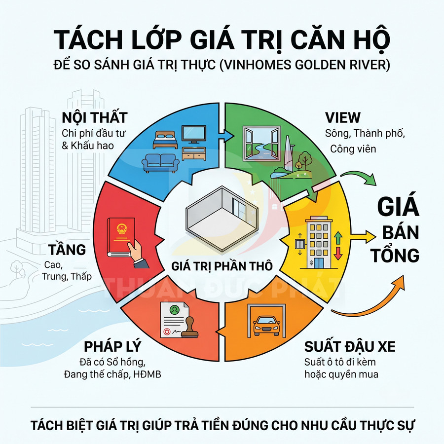 Infographic các yếu tố cấu thành giá bán tổng căn hộ Vinhomes Golden River như nội thất, view, tầng, pháp lý, suất đậu xe