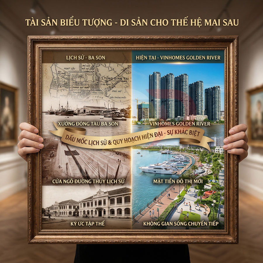 Tranh quảng bá dự án Vinhomes Golden River với hình ảnh lịch sử Ba Son và bến du thuyền hiện đại