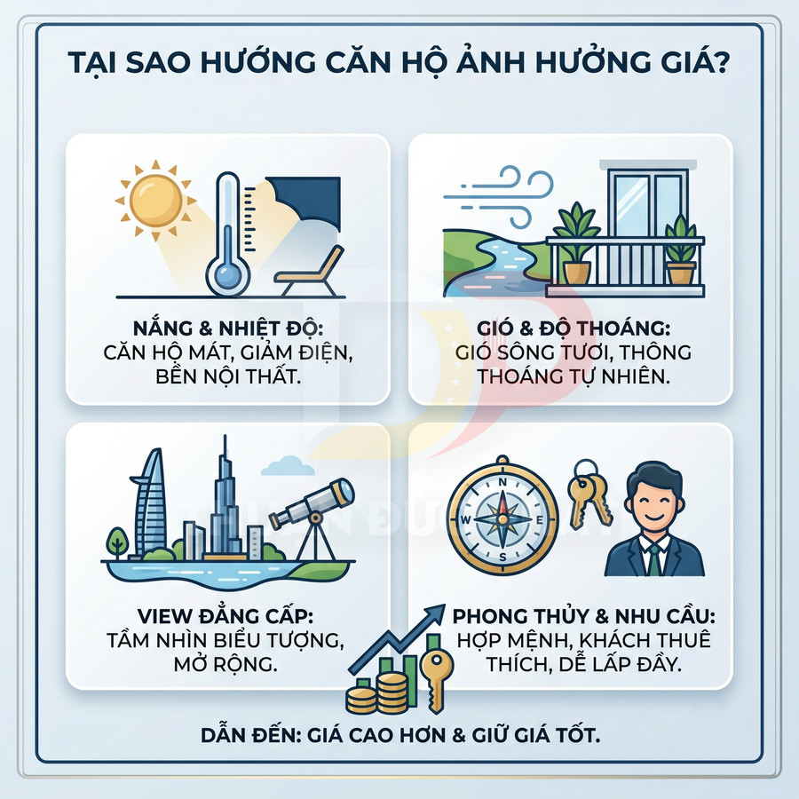 Infographic lý do hướng căn hộ ảnh hưởng giá với các yếu tố nắng gió view phong thủy và nhu cầu thuê