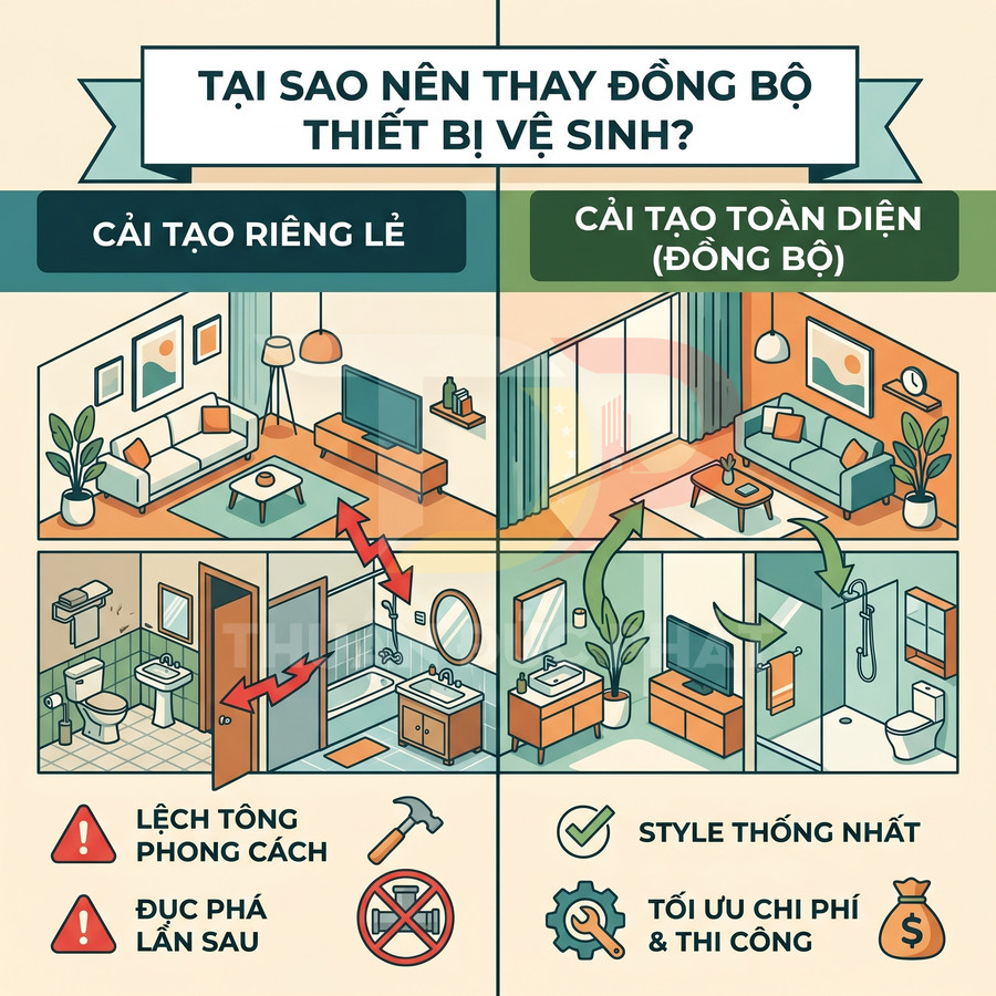 So sánh cải tạo riêng lẻ và cải tạo đồng bộ thiết bị vệ sinh trong căn hộ, nhấn mạnh style thống nhất và tối ưu chi phí