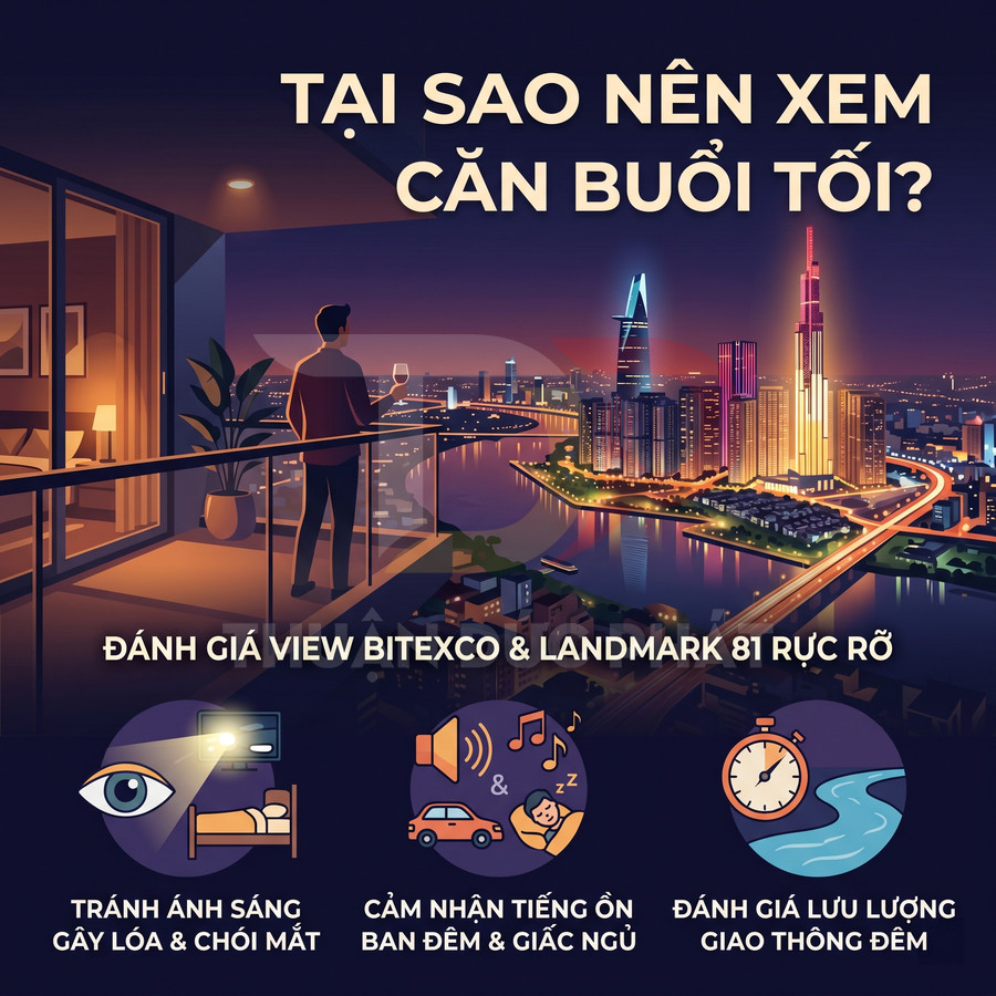 Người đàn ông đứng ban công căn hộ ngắm view Bitexco và Landmark 81 rực sáng về đêm, đánh giá ánh sáng và tiếng ồn