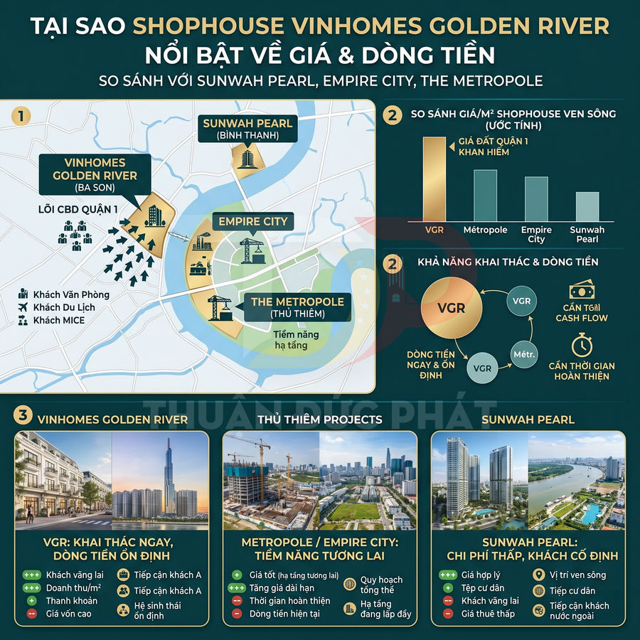 Infographic so sánh shophouse Vinhomes Golden River với Sunwah Pearl, Empire City, The Metropole về giá và dòng tiền