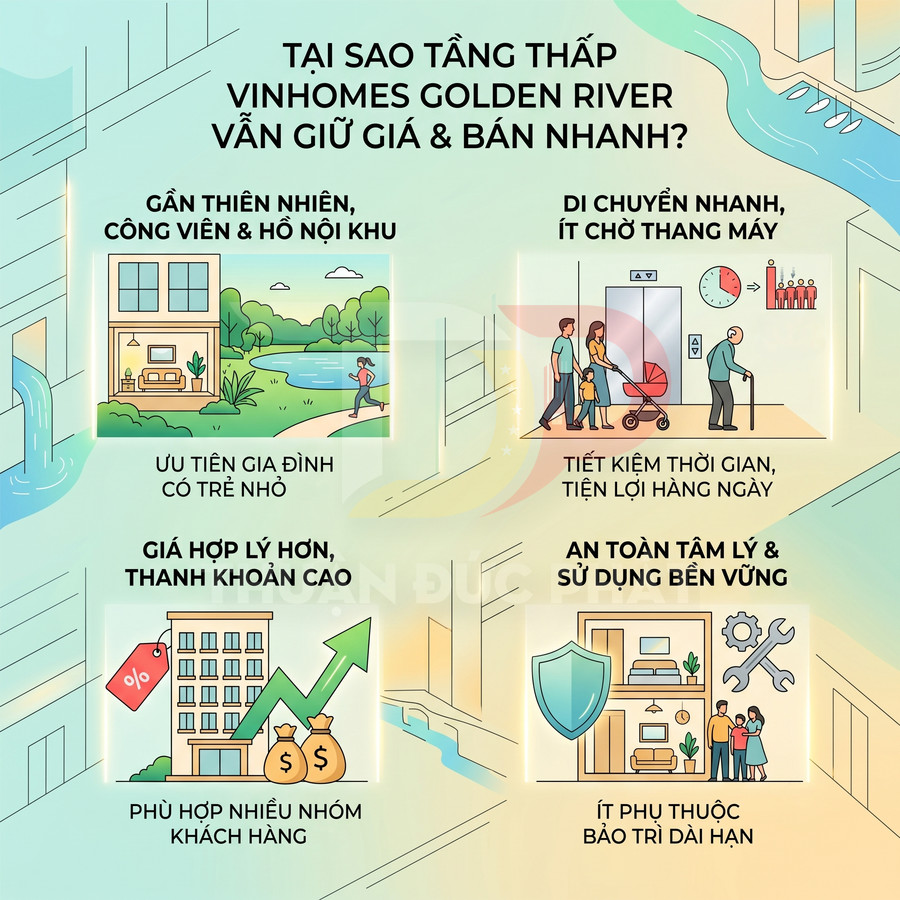 Infographic lợi ích căn hộ tầng thấp Vinhomes Golden River về vị trí, giá bán, an toàn và tiện ích cho gia đình