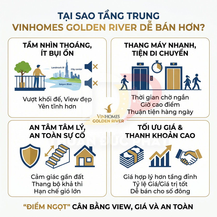 Infographic lý do căn hộ tầng trung Vinhomes Golden River dễ bán, nhấn mạnh view đẹp, an toàn, giá tốt và thanh khoản cao