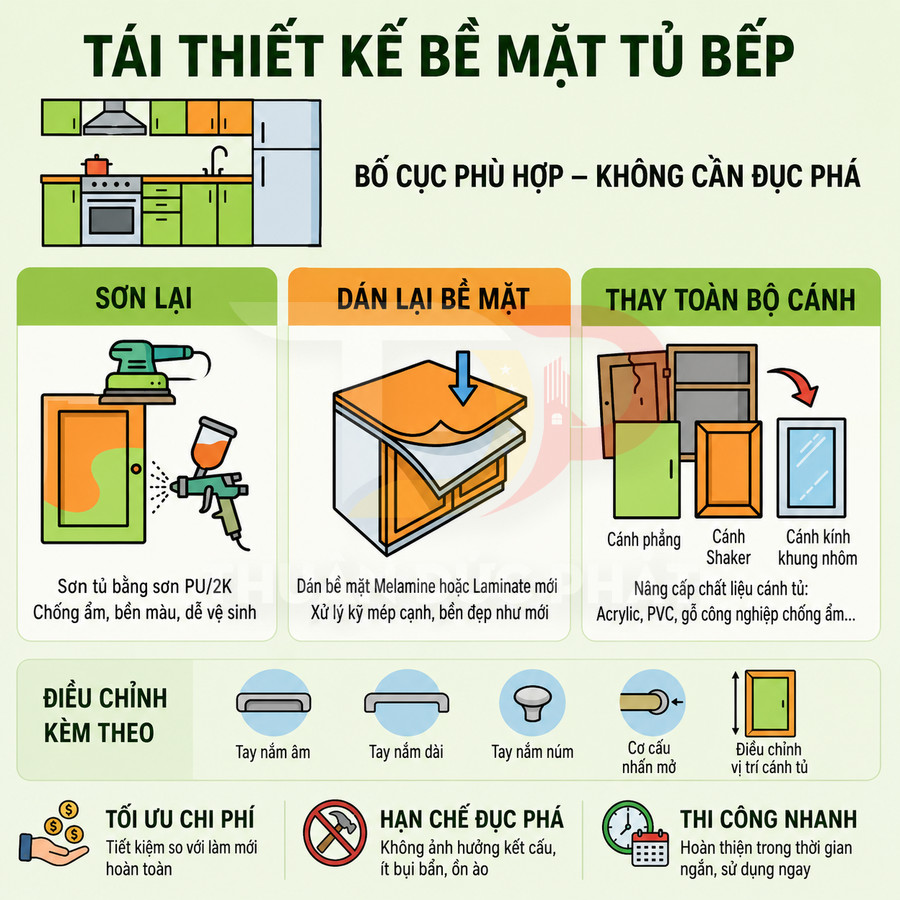 Các giải pháp cải tạo bề mặt tủ bếp: sơn lại, dán lại bề mặt, thay toàn bộ cánh tủ và phụ kiện