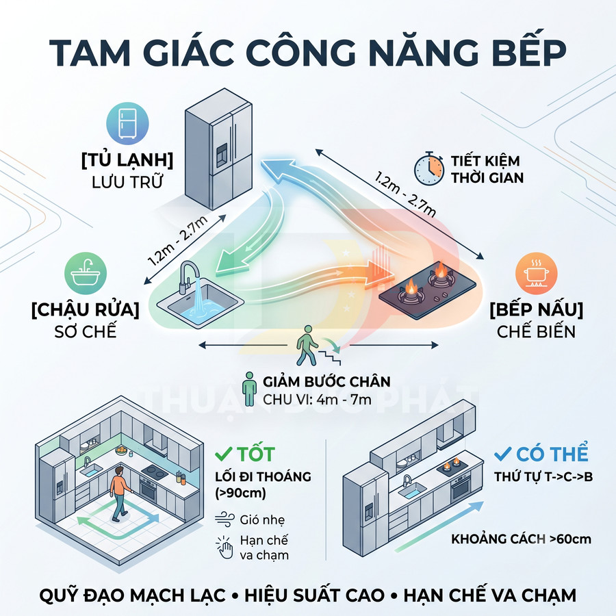 Sơ đồ tam giác công năng bếp với tủ lạnh, chậu rửa và bếp nấu bố trí khoảng cách hợp lý