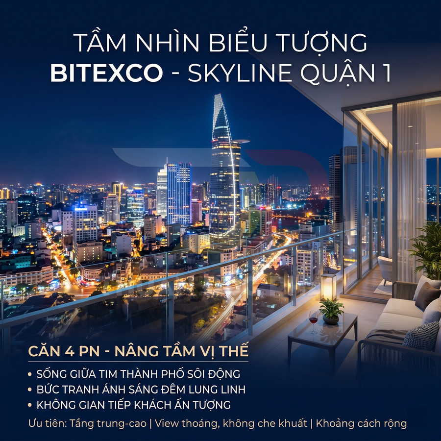 Căn hộ cao cấp 4 phòng ngủ view Bitexco và skyline quận 1 về đêm, ban công rộng sang trọng