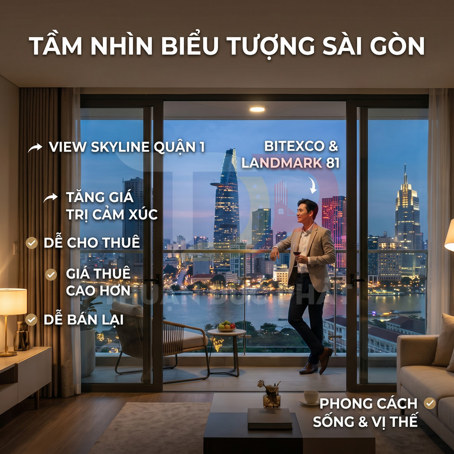 Căn hộ cao cấp view sông Sài Gòn và skyline quận 1 với tòa Bitexco và Landmark 81 buổi tối