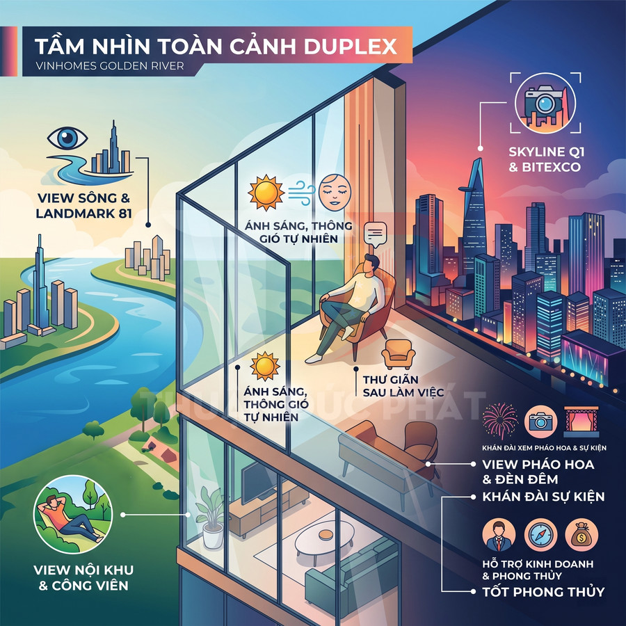Căn hộ duplex Vinhomes Golden River với cửa kính lớn, view sông, Landmark 81 và skyline trung tâm Sài Gòn
