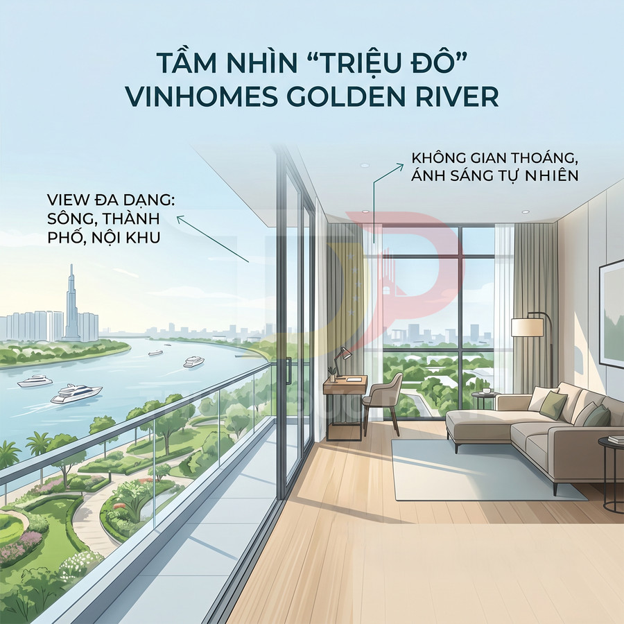 Căn hộ Vinhomes Golden River với phòng khách rộng, ban công kính nhìn ra sông và thành phố xanh mát