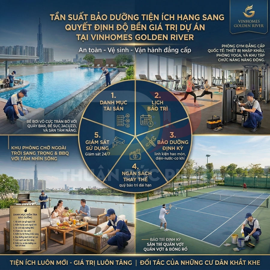 Tiện ích cao cấp tại Vinhomes Golden River với hồ bơi, phòng gym, sân tennis và khu BBQ ngoài trời