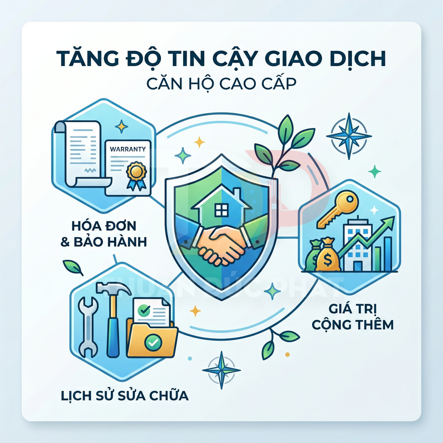Minh họa lợi ích tăng độ tin cậy giao dịch căn hộ cao cấp với bảo hành, lịch sử sửa chữa và giá trị cộng thêm