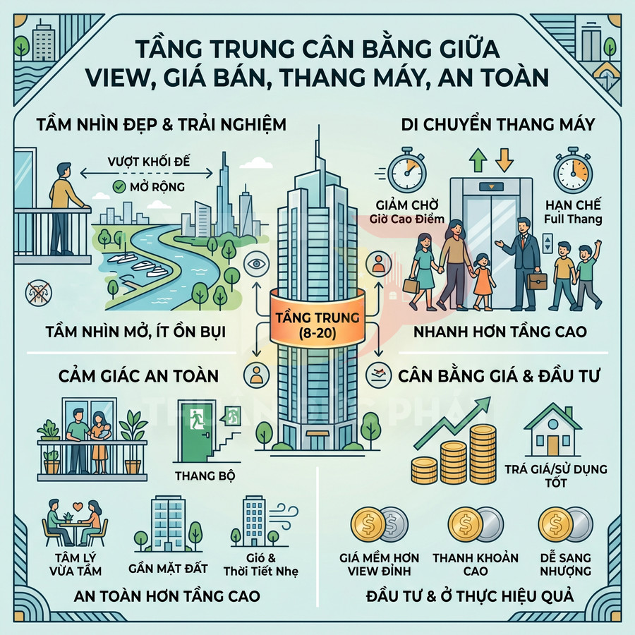 Infographic lợi ích chọn căn hộ tầng trung 8 đến 20 với view đẹp, an toàn, di chuyển thang máy thuận tiện và giá đầu tư hợp lý
