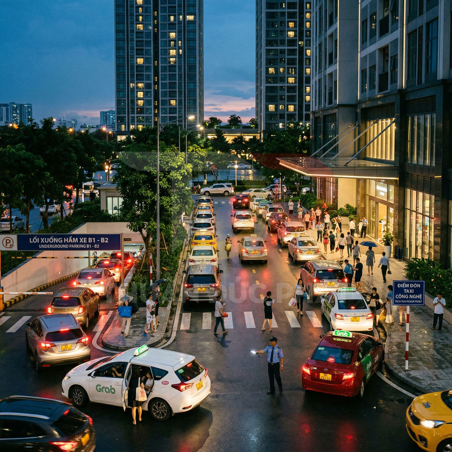 Taxi Grab và taxi truyền thống đón trả khách trước tòa nhà cao tầng vào giờ cao điểm