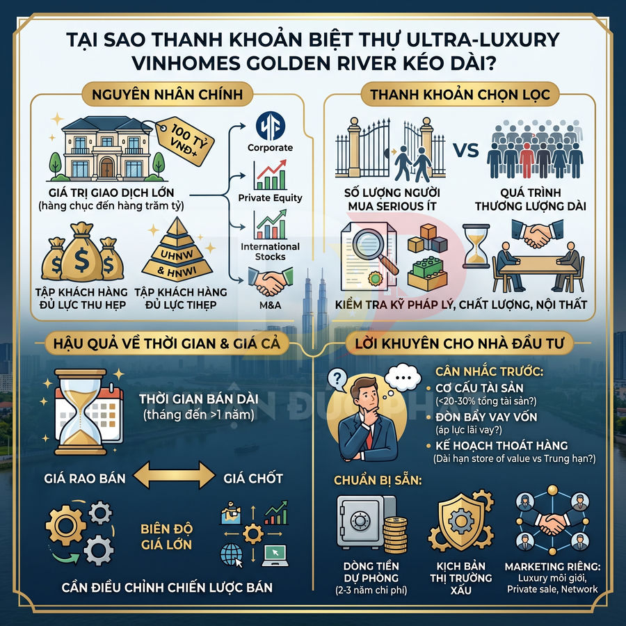 Infographic phân tích lý do thanh khoản biệt thự ultra luxury Vinhomes Golden River kéo dài và lời khuyên cho nhà đầu tư