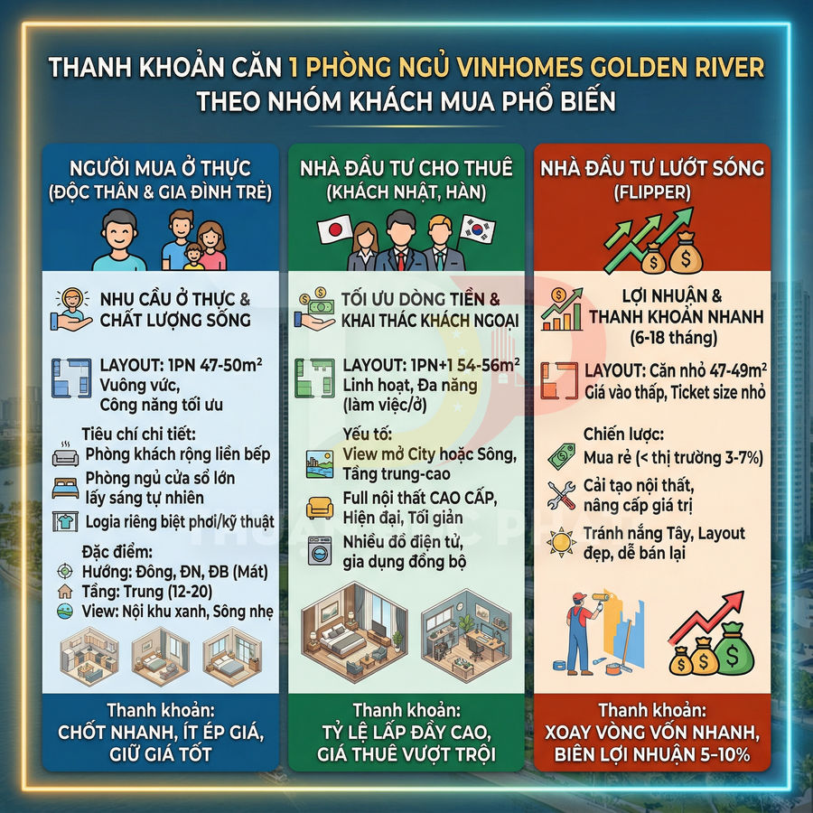 Infographic phân tích thanh khoản căn hộ 1 phòng ngủ Vinhomes Golden River cho người mua ở, nhà đầu tư cho thuê và lướt sóng