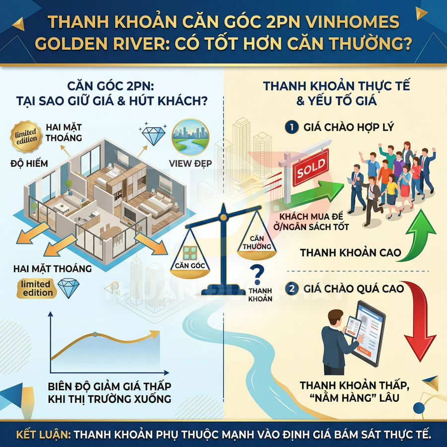Infographic phân tích thanh khoản căn góc 2PN Vinhomes Golden River so sánh với căn thường