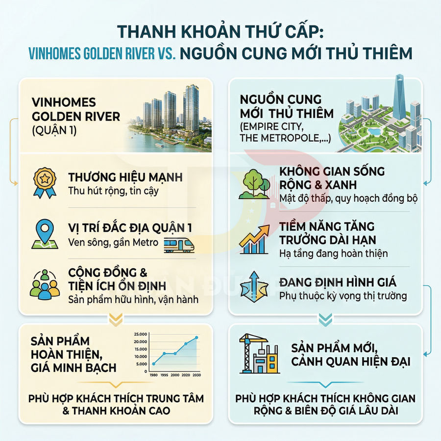 Infographic so sánh thanh khoản thứ cấp Vinhomes Golden River quận 1 và nguồn cung mới Thủ Thiêm