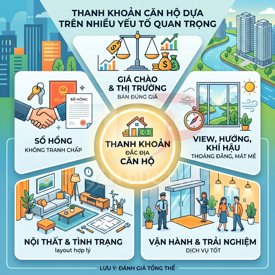 Infographic các yếu tố ảnh hưởng thanh khoản căn hộ như giá chào, sổ hồng, nội thất, view và vận hành dịch vụ